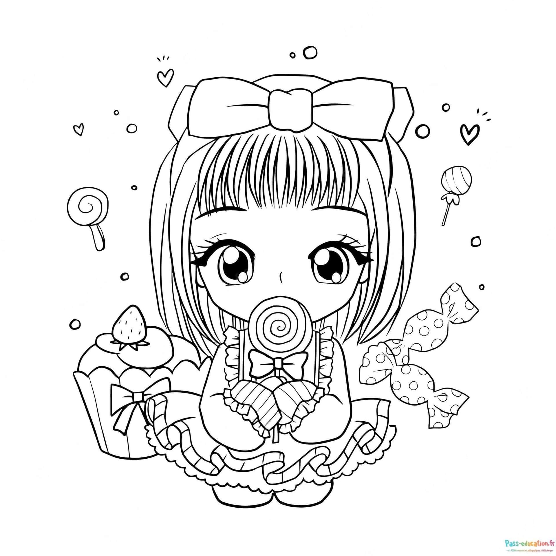 Coloriage Fille Kawai avec bonbons à imprimer et colorier