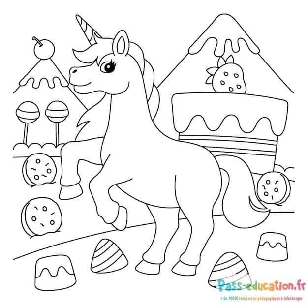 Coloriage Unicorn dans le pays des sucreries à imprimer et colorier