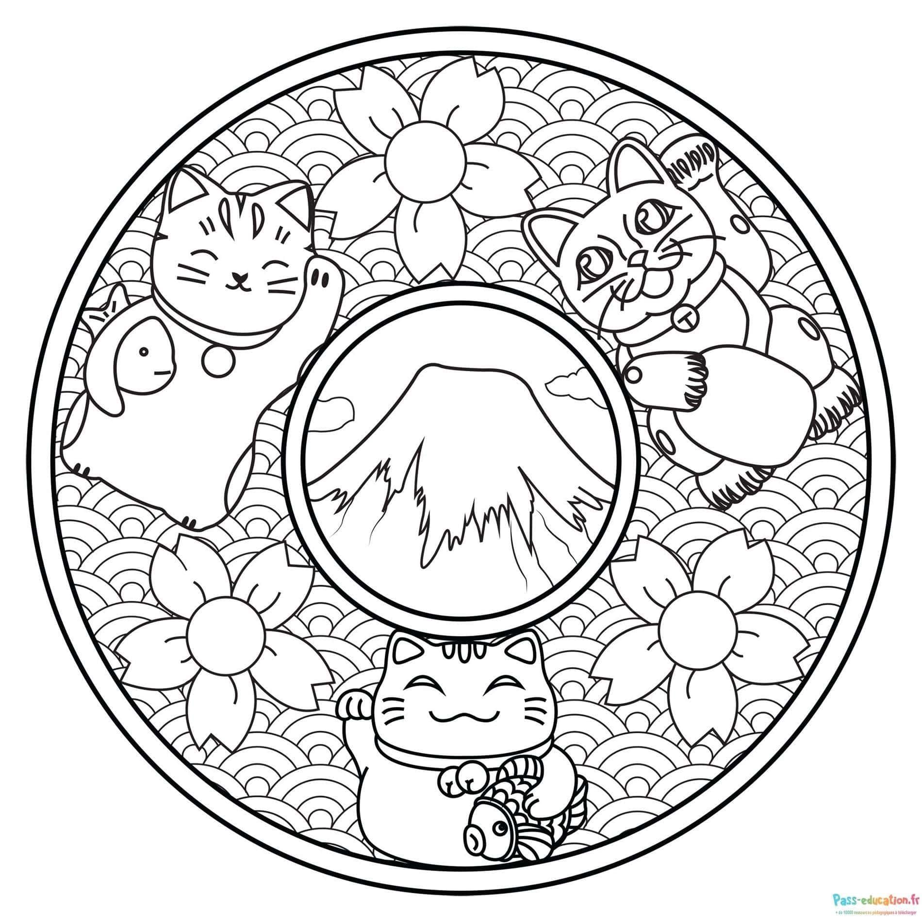 Coloriage Maneki-neko et Mont Fuji à imprimer et colorier