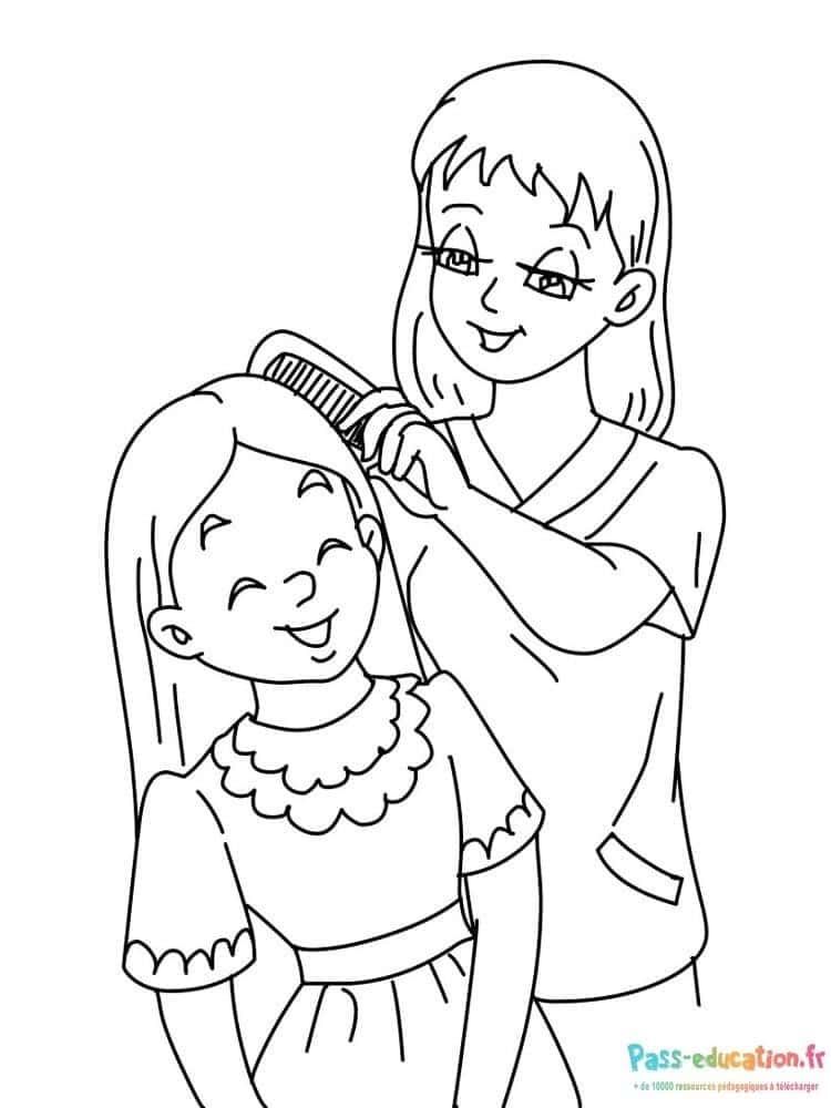 Coloriage Maman coiffe sa fille à imprimer et colorier