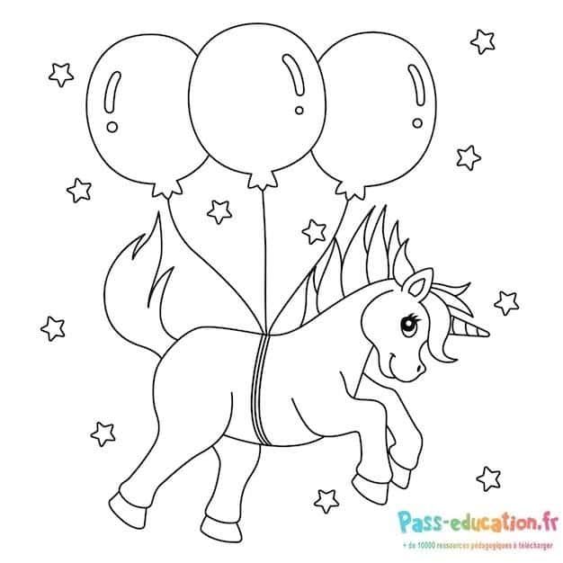 Coloriage Licorne avec ballons à imprimer et colorier