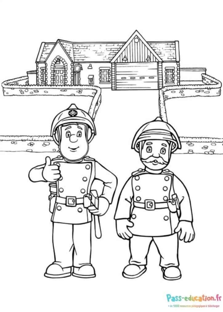 Coloriage Pompiers devant maison à imprimer et colorier
