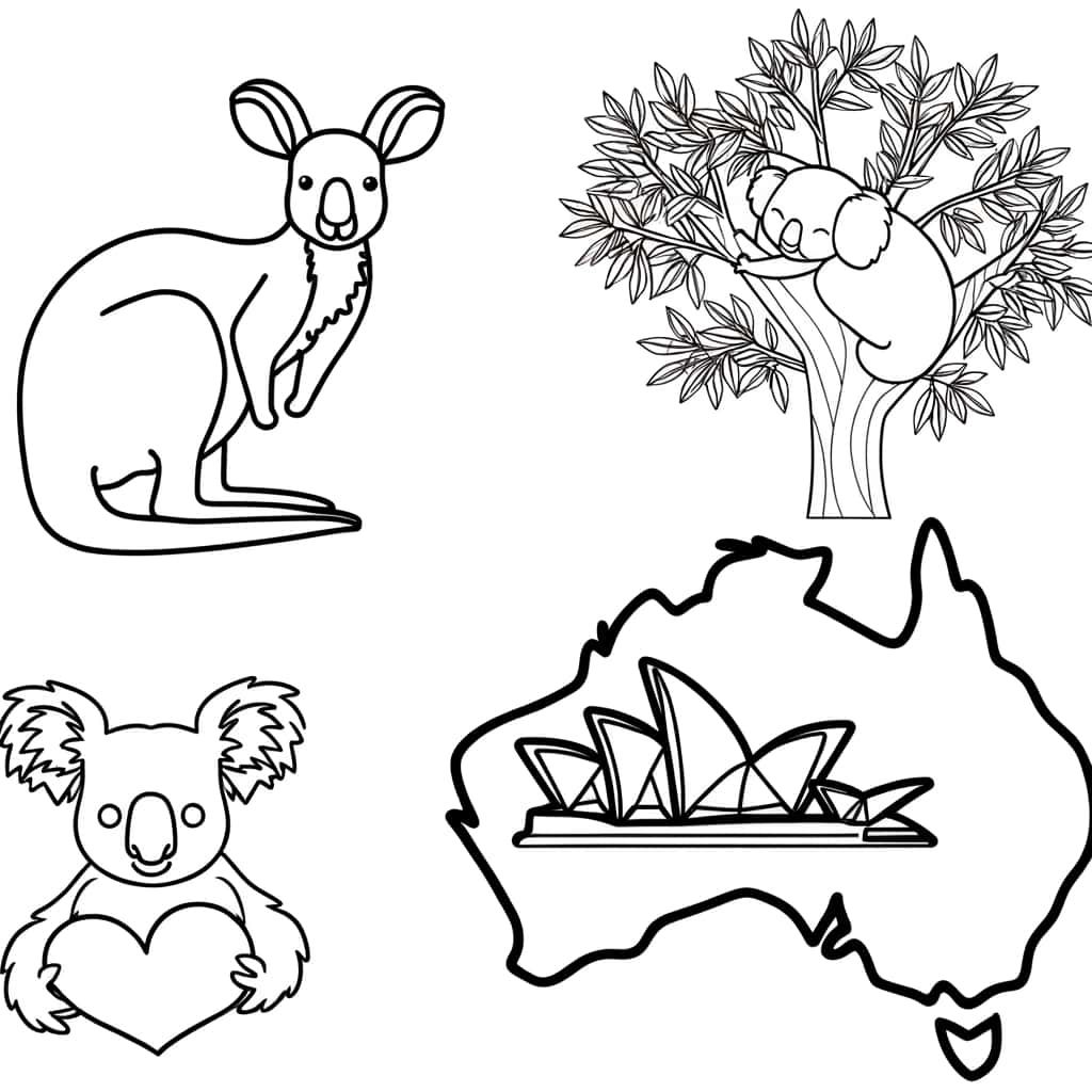 Coloriage Australie animaux emblématiques à imprimer et colorier