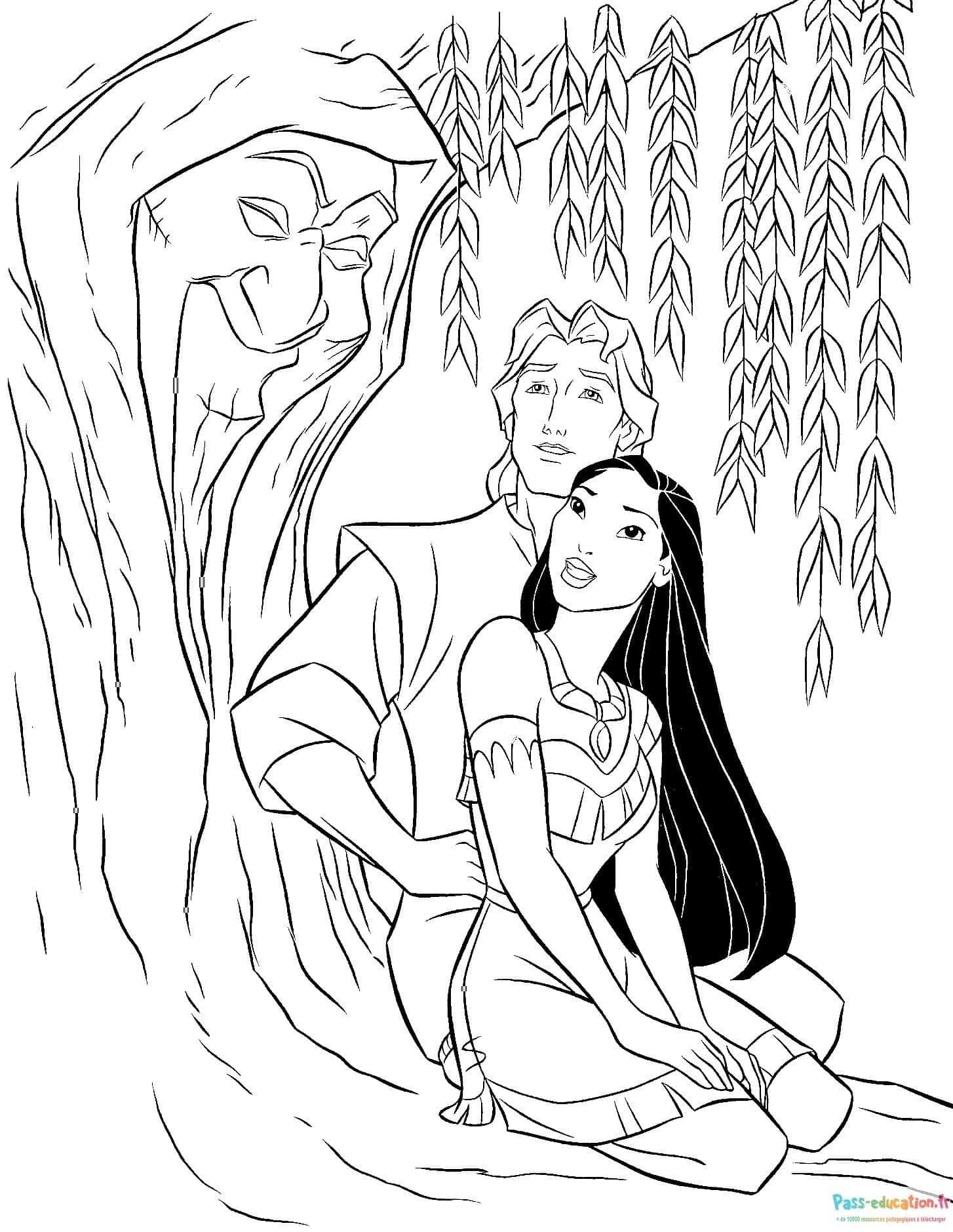 Coloriage Pocahontas dans la forêt à imprimer et colorier