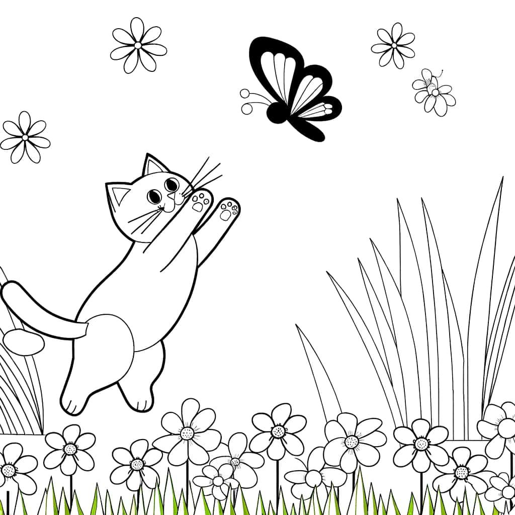 Coloriage Chat attrape papillon à imprimer et colorier