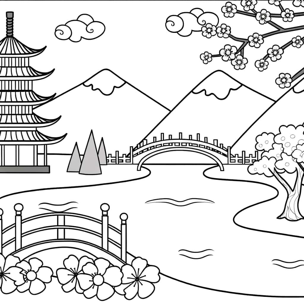 Coloriage Paysage asiatique à imprimer et colorier