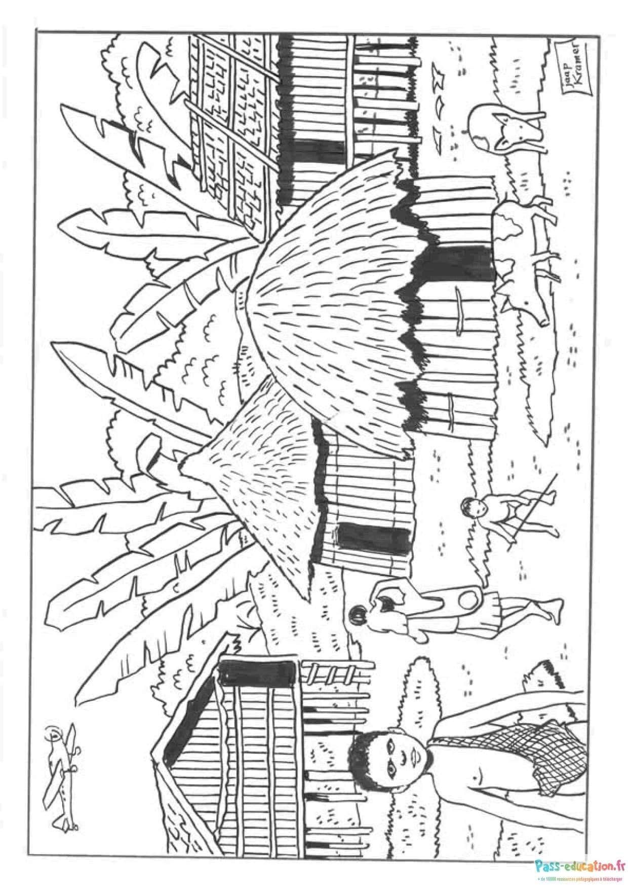 Coloriage Scène de village africain à imprimer et colorier