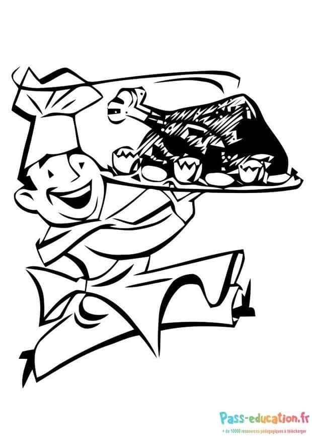 Coloriage Cuisinier joyeux avec rôti à imprimer et colorier