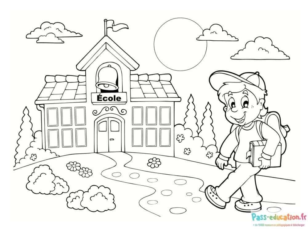 Coloriage Écolier devant école à imprimer et colorier