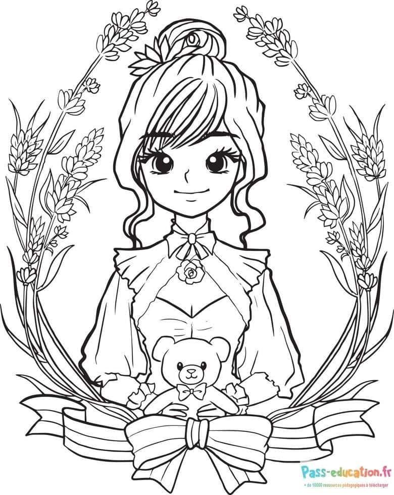 Coloriage Fille élégante avec ours à imprimer et colorier