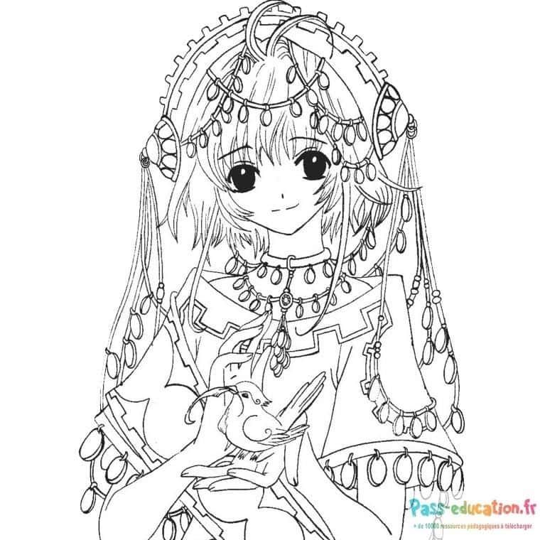 Coloriage Jeune fille manga avec oiseau à imprimer et colorier