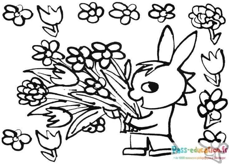 Coloriage Lapin cueille fleurs à imprimer et colorier