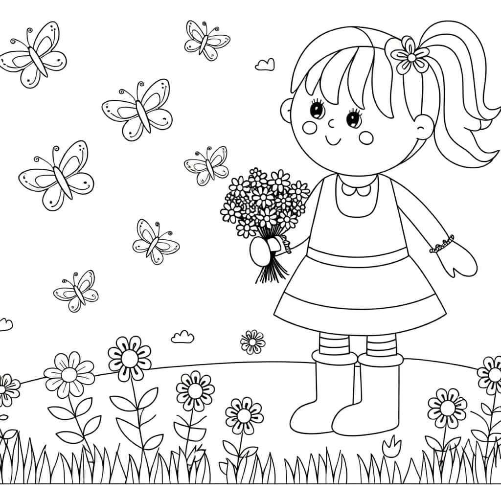 Coloriage Fille avec bouquet à imprimer et colorier