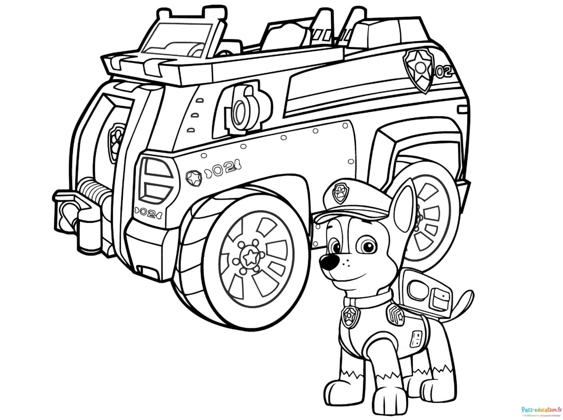 Coloriage Chiot policier et véhicule à imprimer et colorier