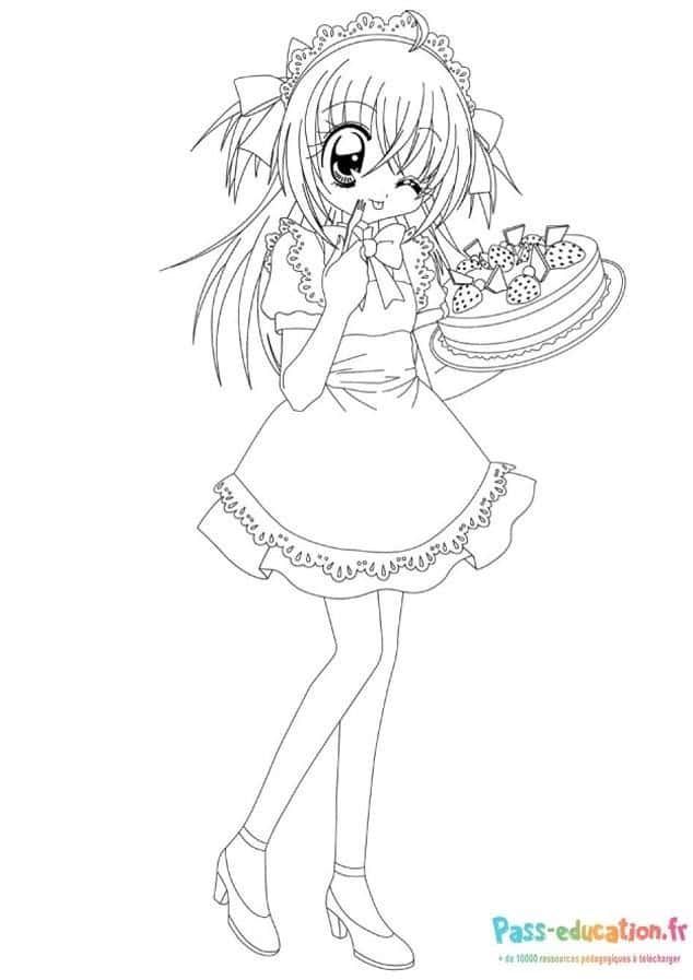 Coloriage Fille manga avec gâteau à imprimer et colorier