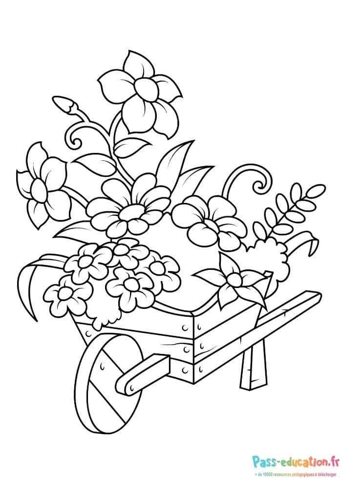 Coloriage Jardin fleuri dans une brouette à imprimer et colorier