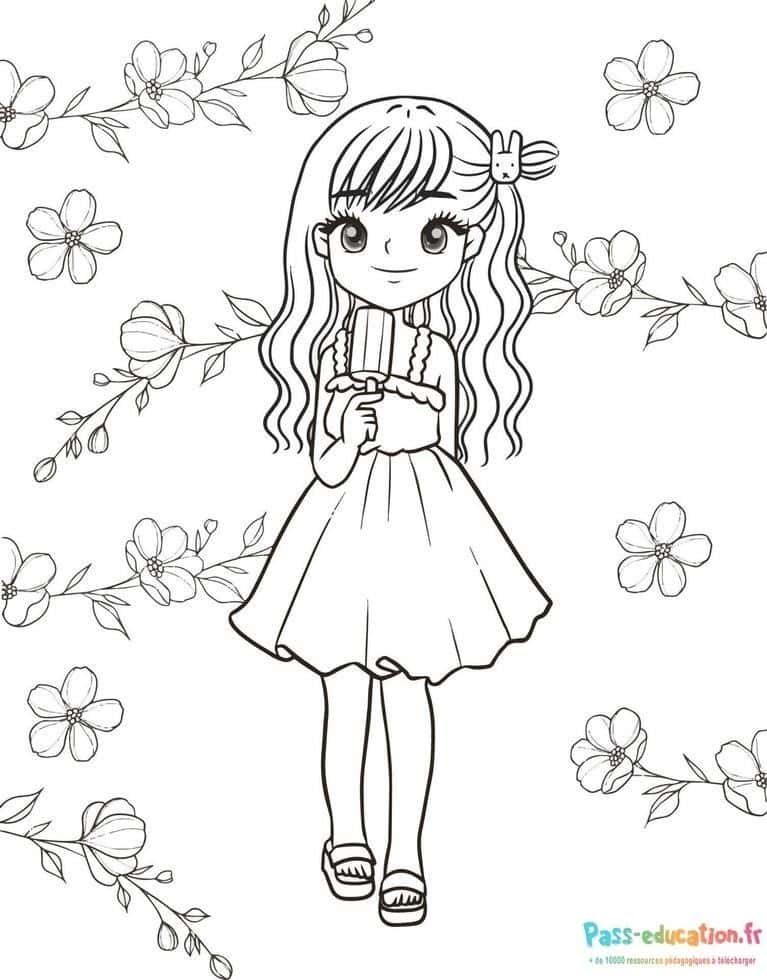 Coloriage Fille en robe à imprimer et colorier