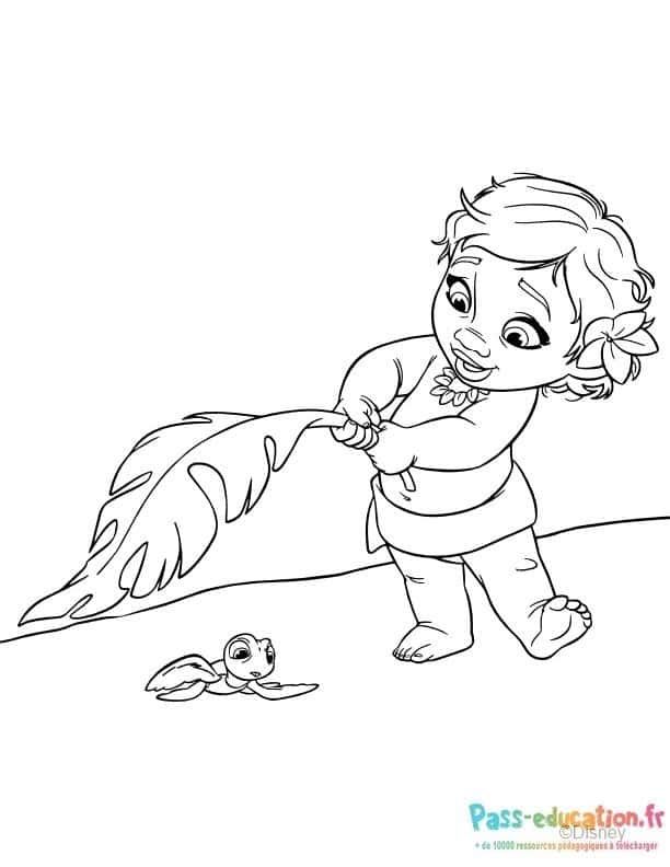 Coloriage Bébé Moana et tortue à imprimer et colorier