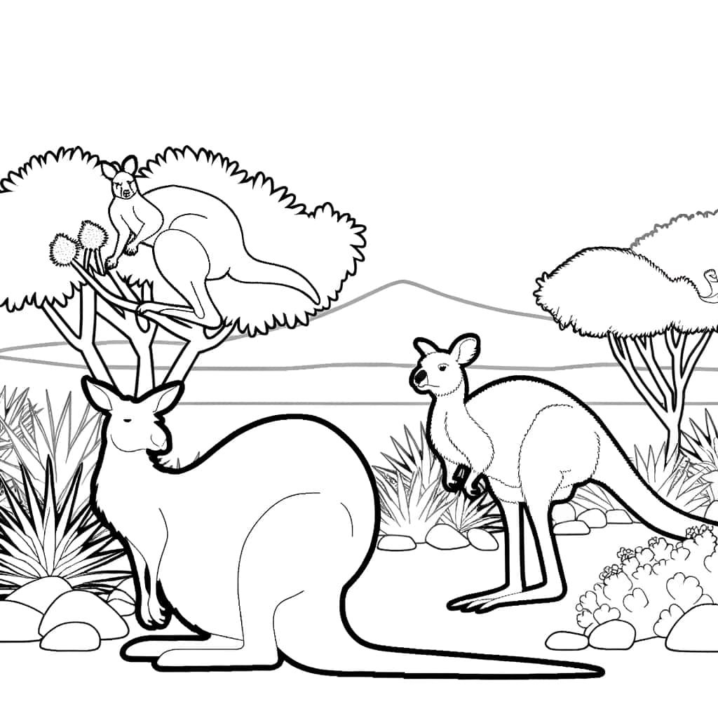 Coloriage Kangourous en Australie à imprimer et colorier