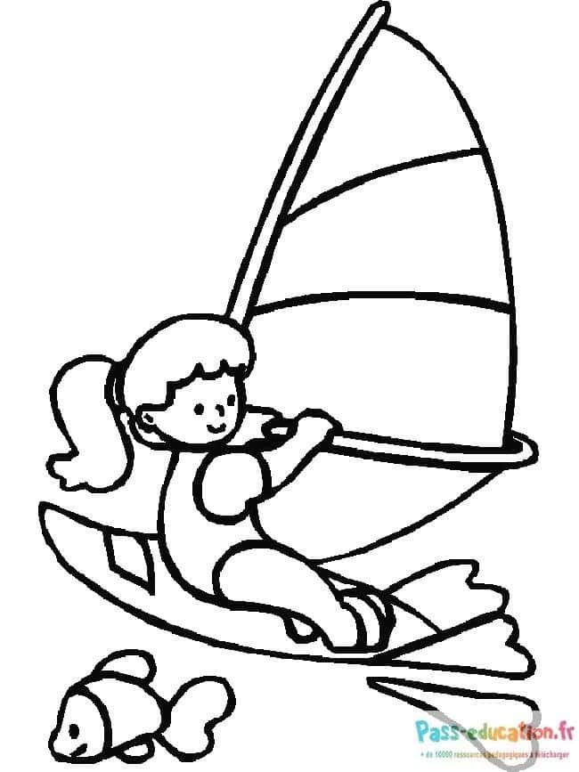Coloriage Enfant en planche à voile à imprimer et colorier