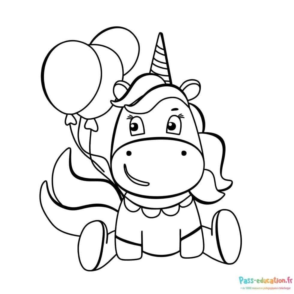 Coloriage Licorne avec ballons à imprimer et colorier