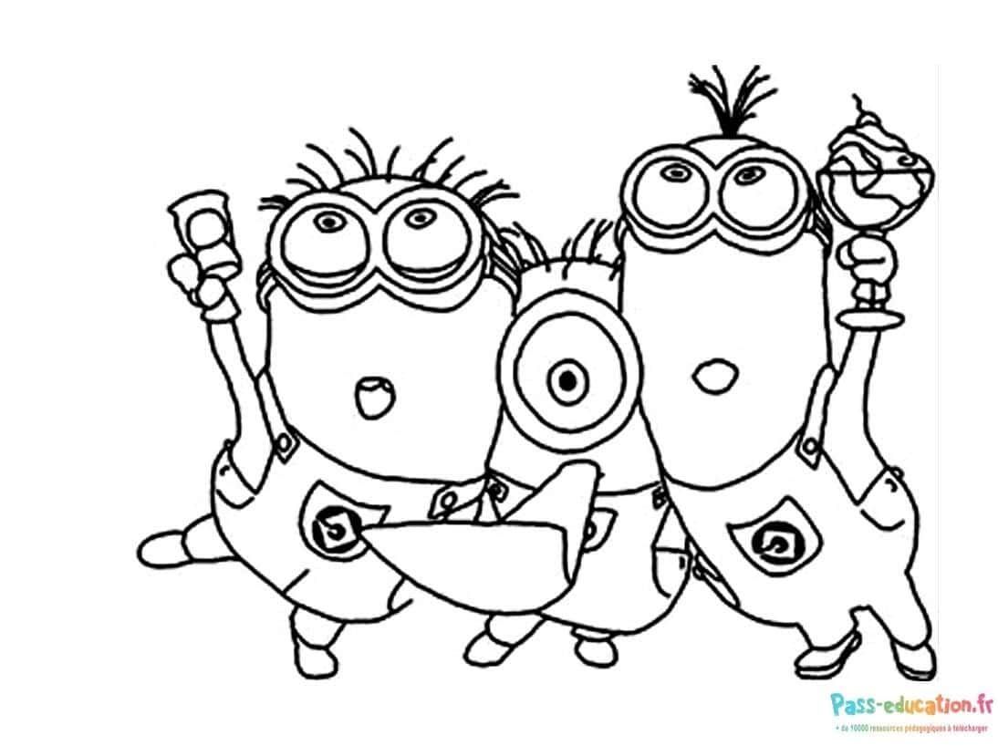 Coloriage Trois Minions joyeux à imprimer et colorier