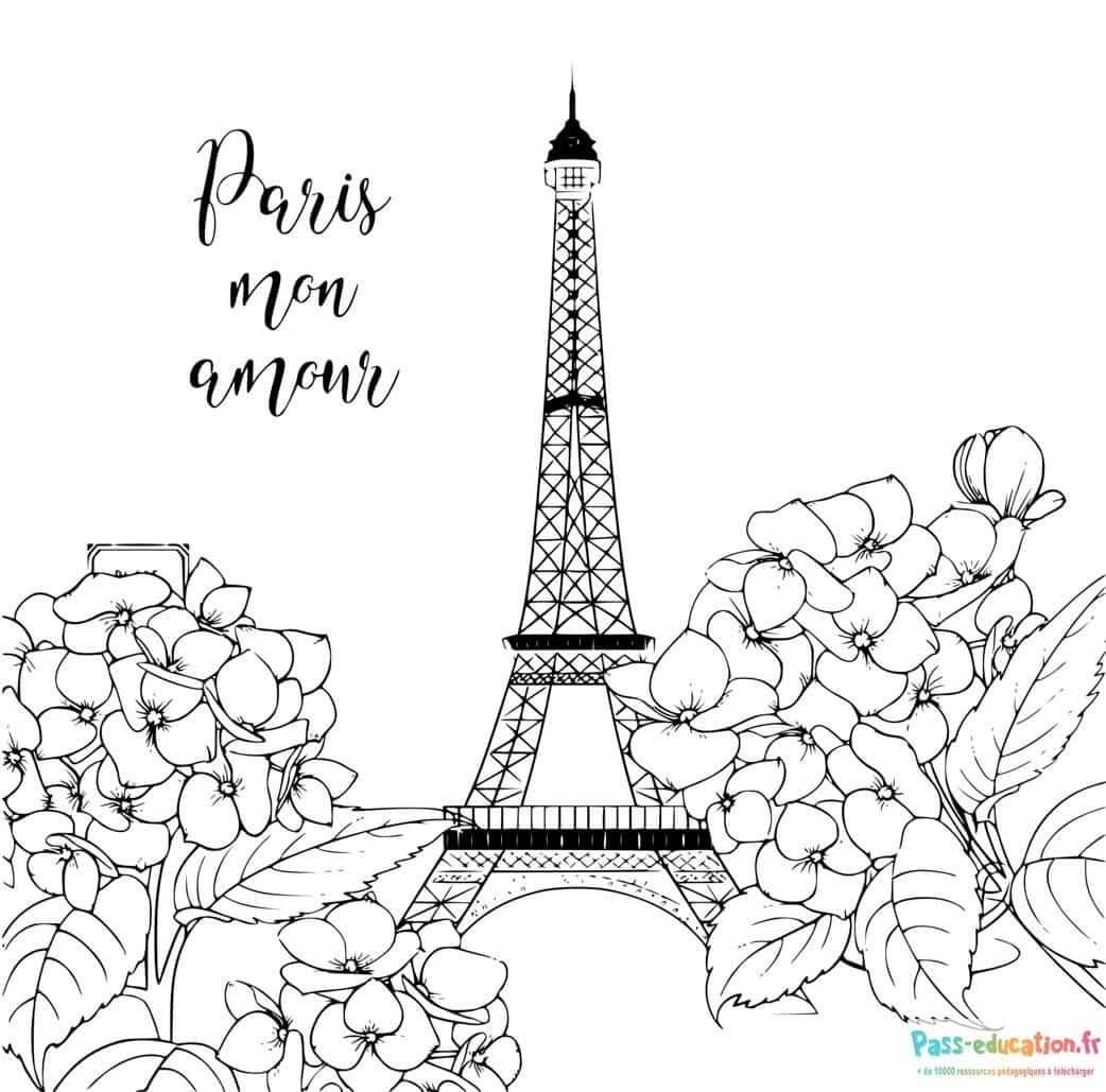 Coloriage Tour Eiffel Amour à imprimer et colorier