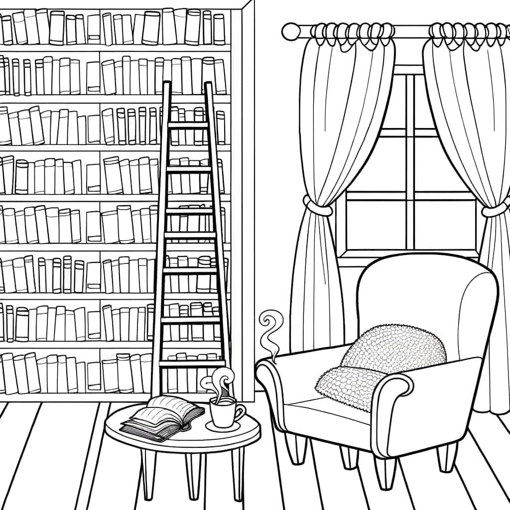Coloriage Bibliothèque cosy à imprimer et colorier