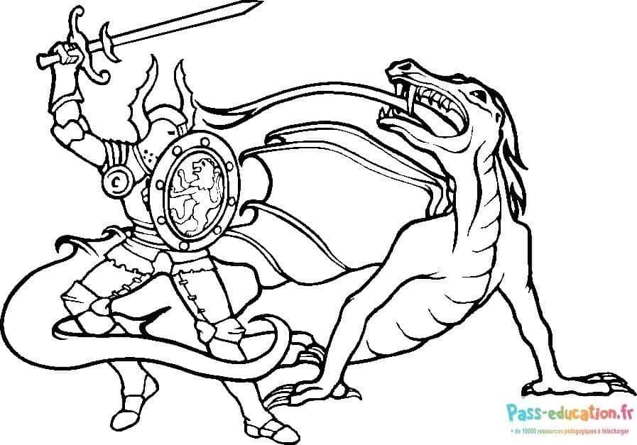 Coloriage Chevalier contre dragon à imprimer et colorier