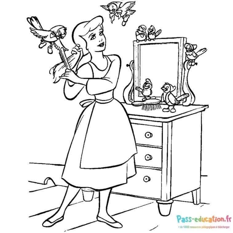 Coloriage Cendrillon et les oiseaux à imprimer et colorier