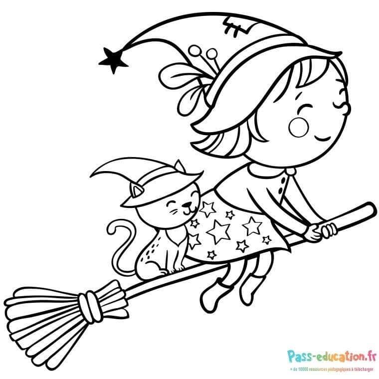 Coloriage Sorcière et chat volants à imprimer et colorier