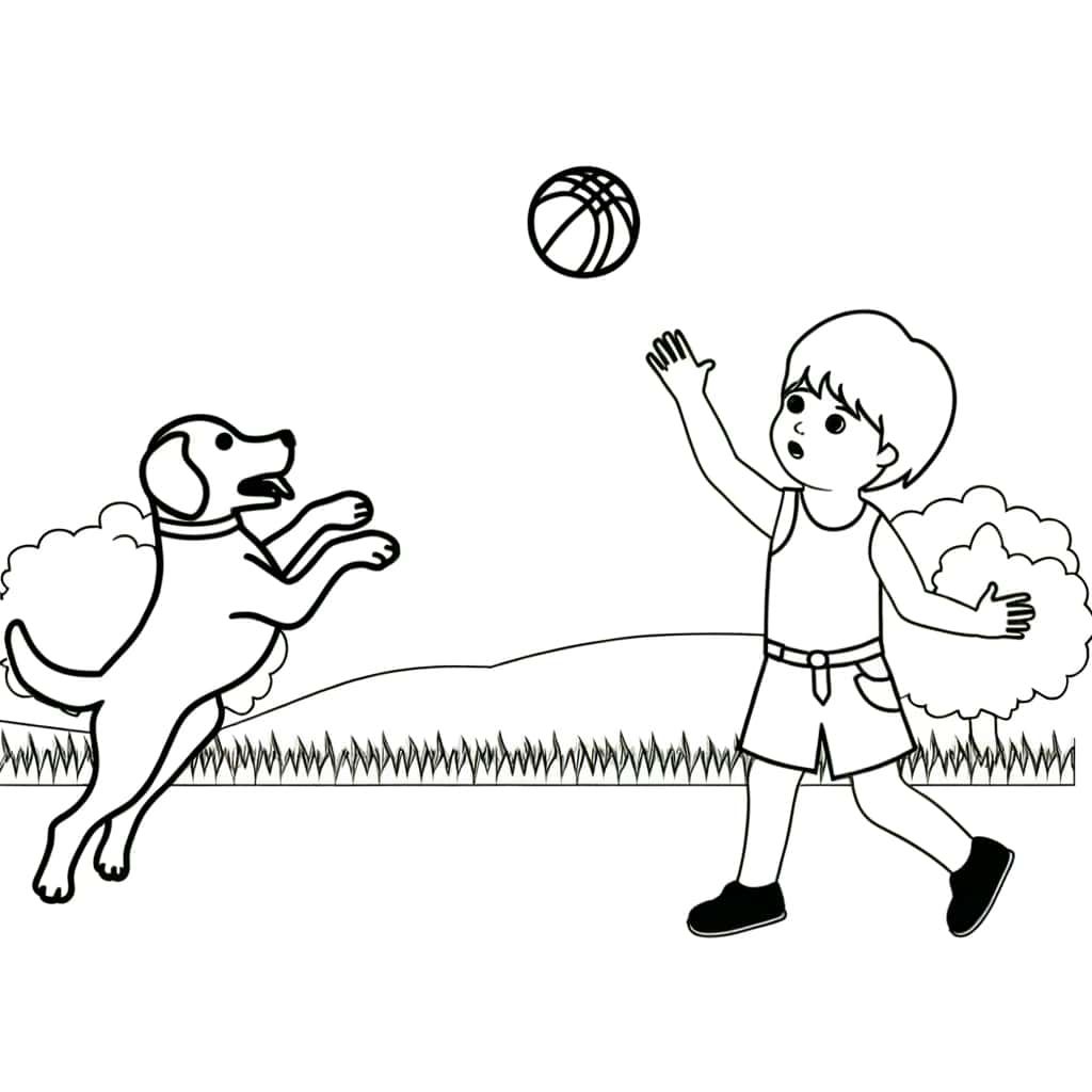 Coloriage Jeune garçon et chien jouant à imprimer et colorier