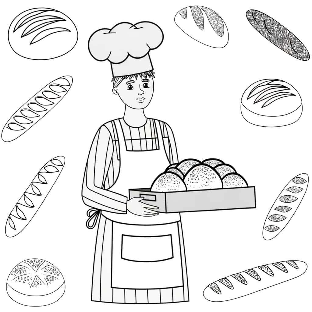 Coloriage Boulanger avec pains à imprimer et colorier