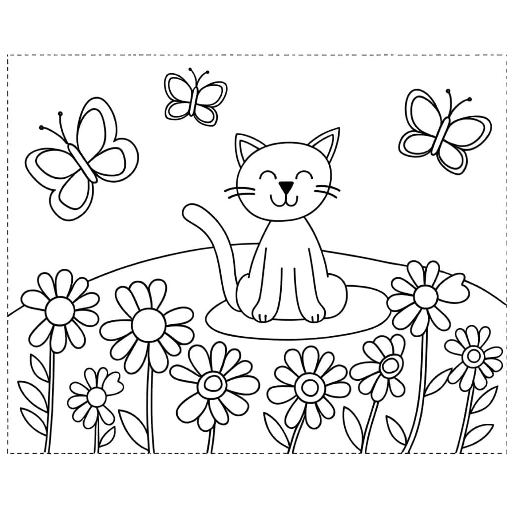 Coloriage Chat heureux jardin à imprimer et colorier
