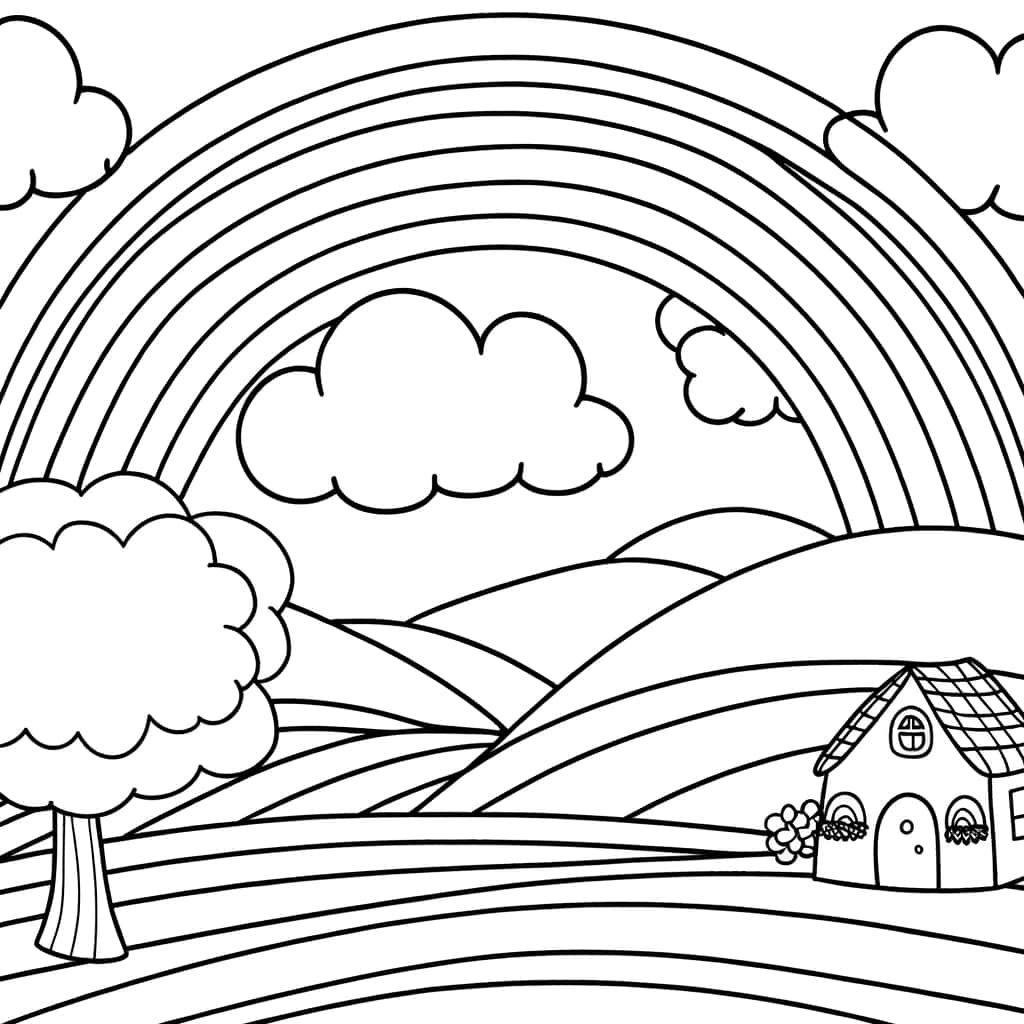 Coloriage Arc-en-ciel et maison à imprimer et colorier