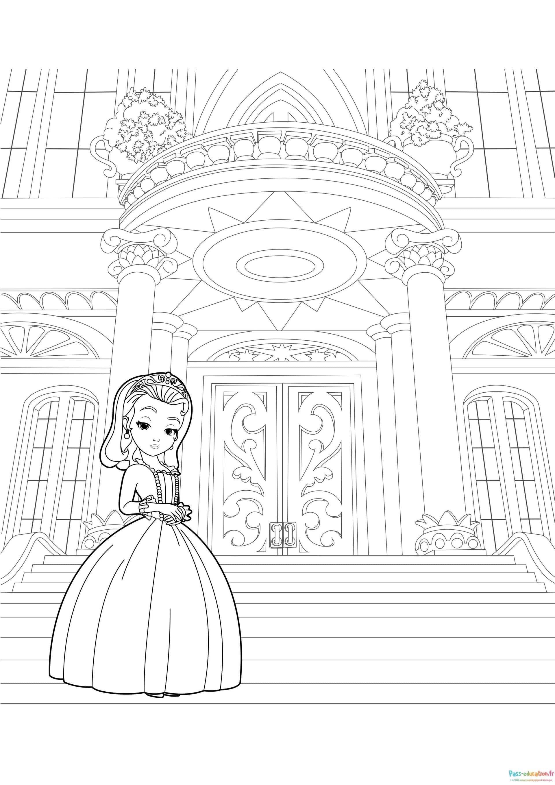 Coloriage Princesse devant château à imprimer et colorier