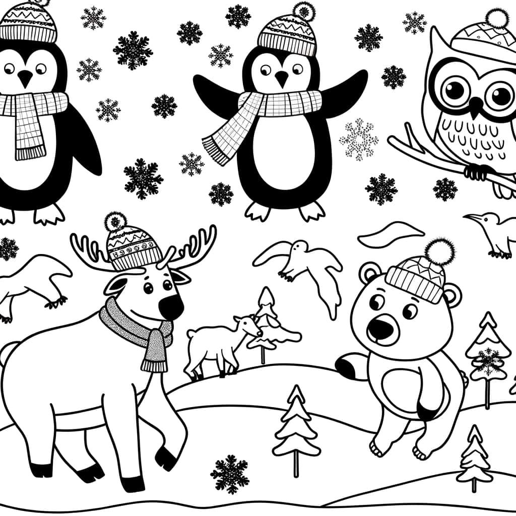 Coloriage Animaux hivernaux joyeux à imprimer et colorier