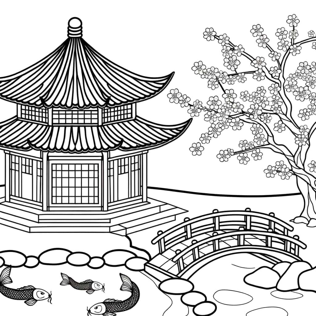 Coloriage Pagode asiatique tranquille à imprimer et colorier