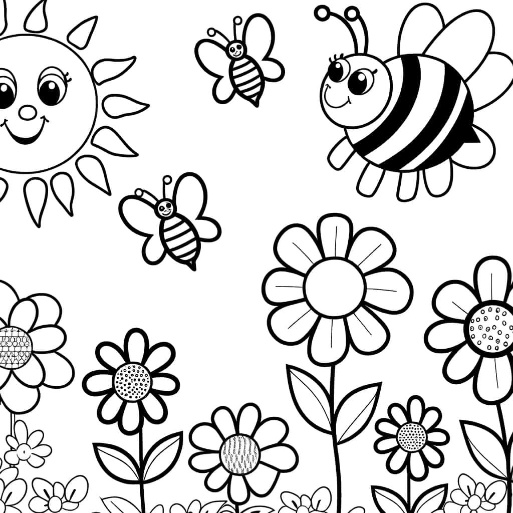 Coloriage Soleil et abeilles à imprimer et colorier