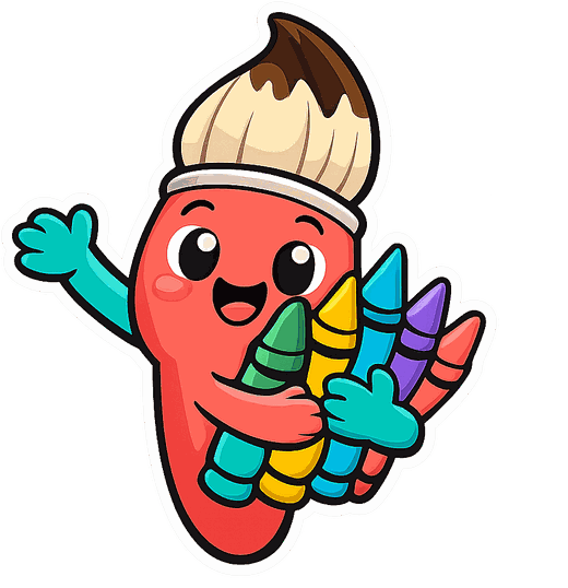 Mascotte PassColoriage, un pinceau souriant qui tient des crayons