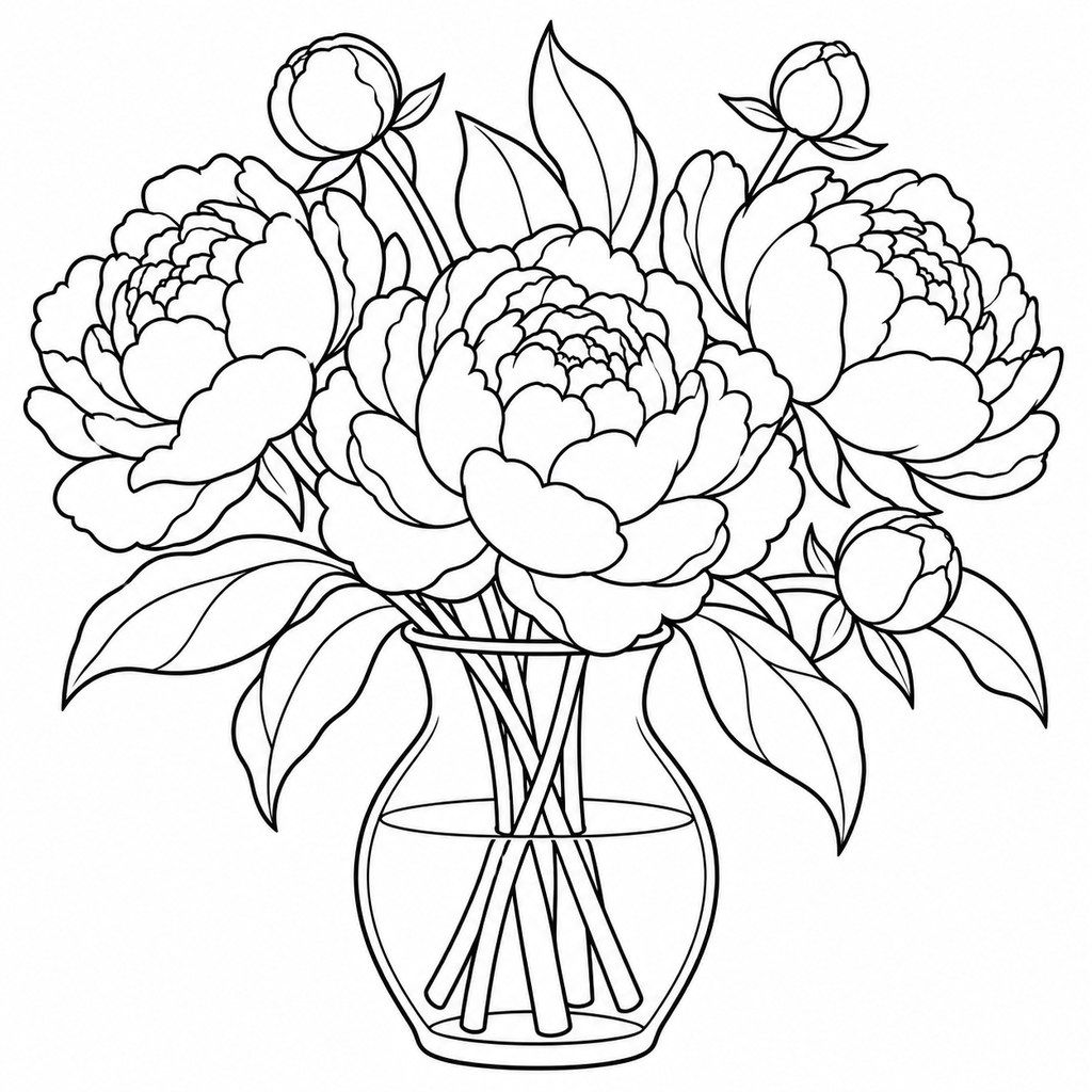 Coloriage Bouquet de pivoines dans un vase à imprimer et colorier