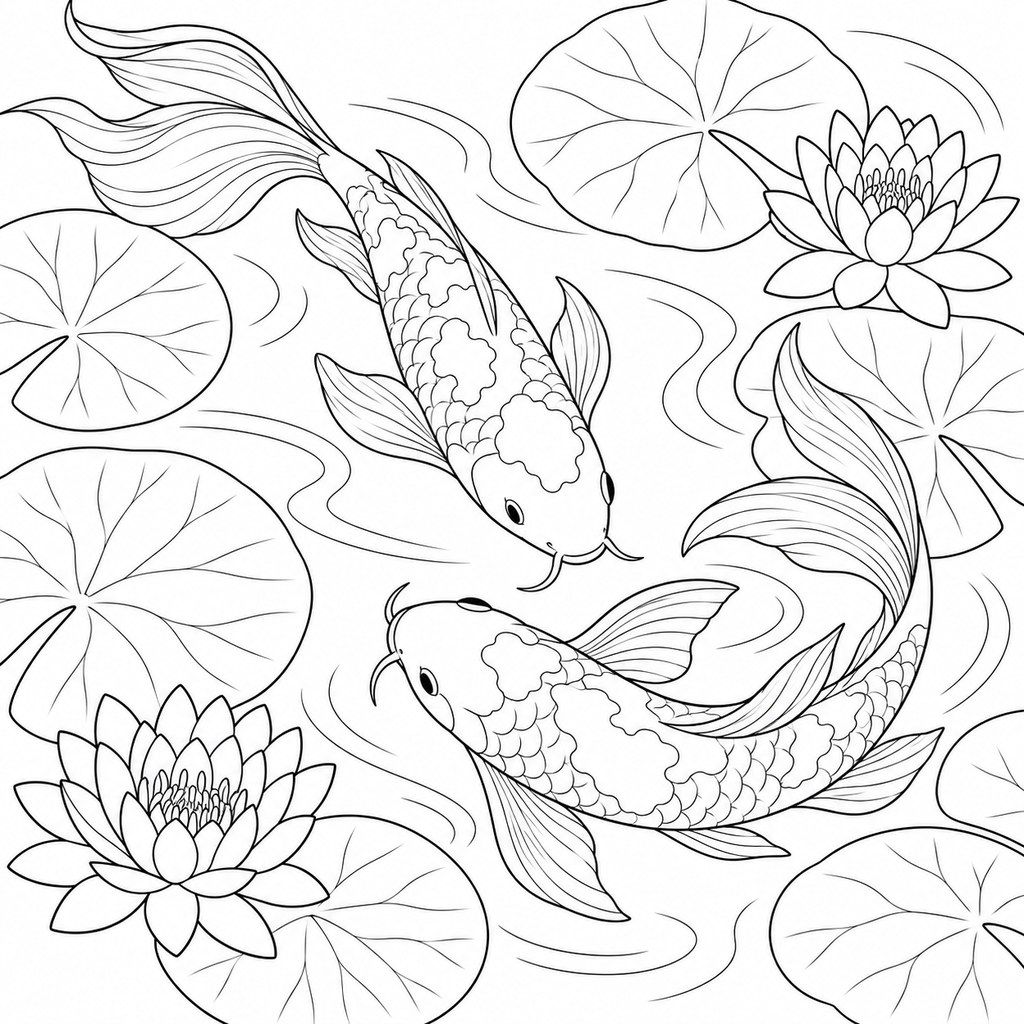 Coloriage Carpes koï dans un bassin à imprimer et colorier