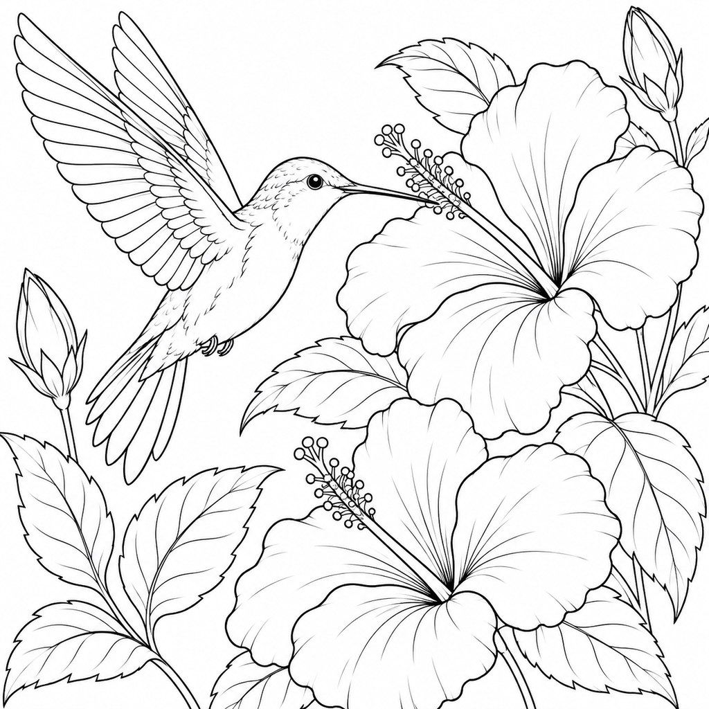 Coloriage Colibri et fleurs d'hibiscus à imprimer et colorier