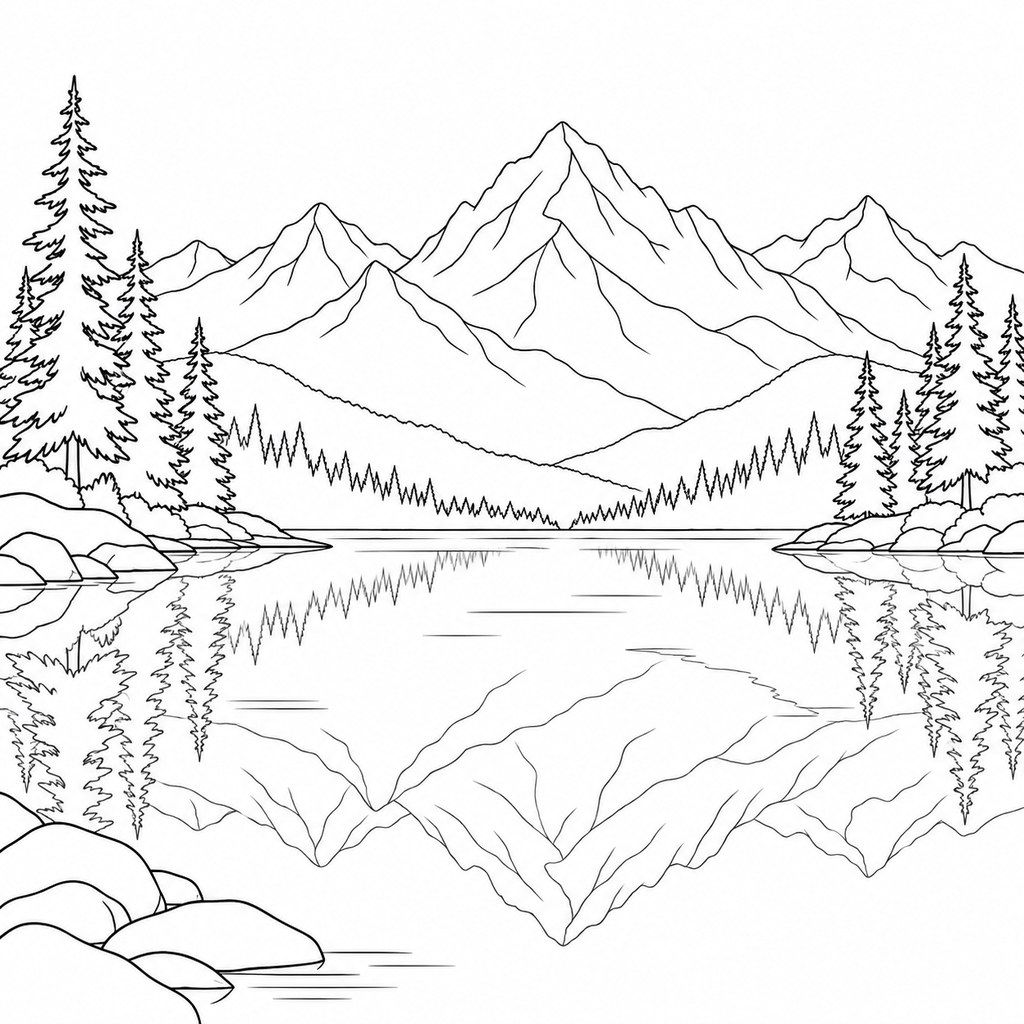 Coloriage Lac de montagne et sapins à imprimer et colorier