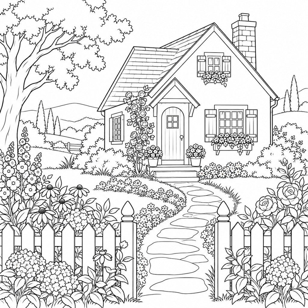 Coloriage Maison de campagne fleurie à imprimer et colorier