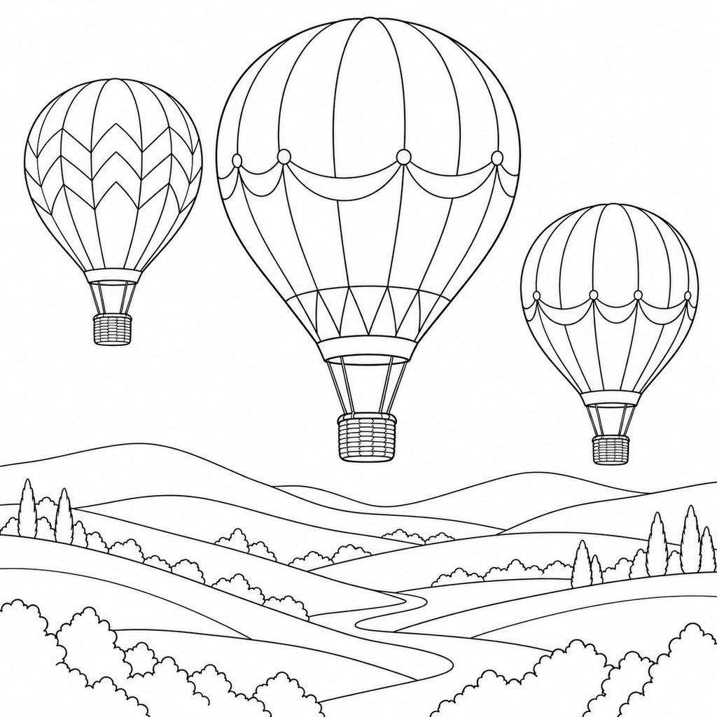 Coloriage Montgolfières dans le ciel à imprimer et colorier