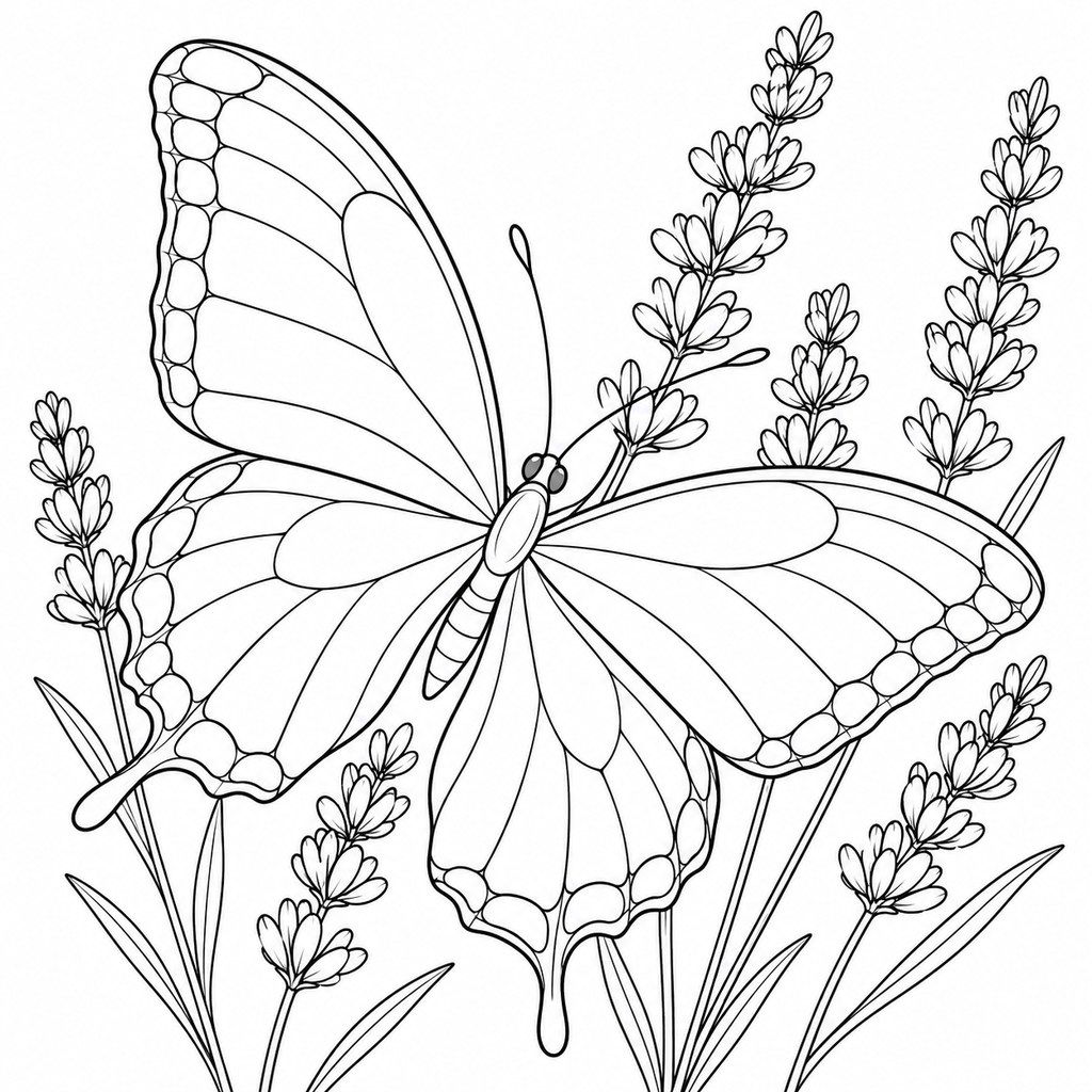 Coloriage Papillon sur des lavandes à imprimer et colorier
