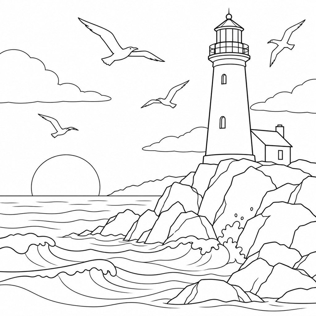 Coloriage Phare au bord de la mer à imprimer et colorier