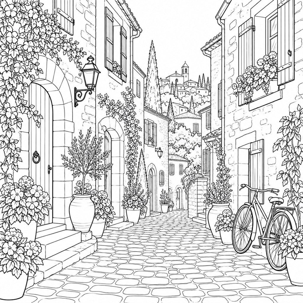 Coloriage Ruelle de village provençal à imprimer et colorier