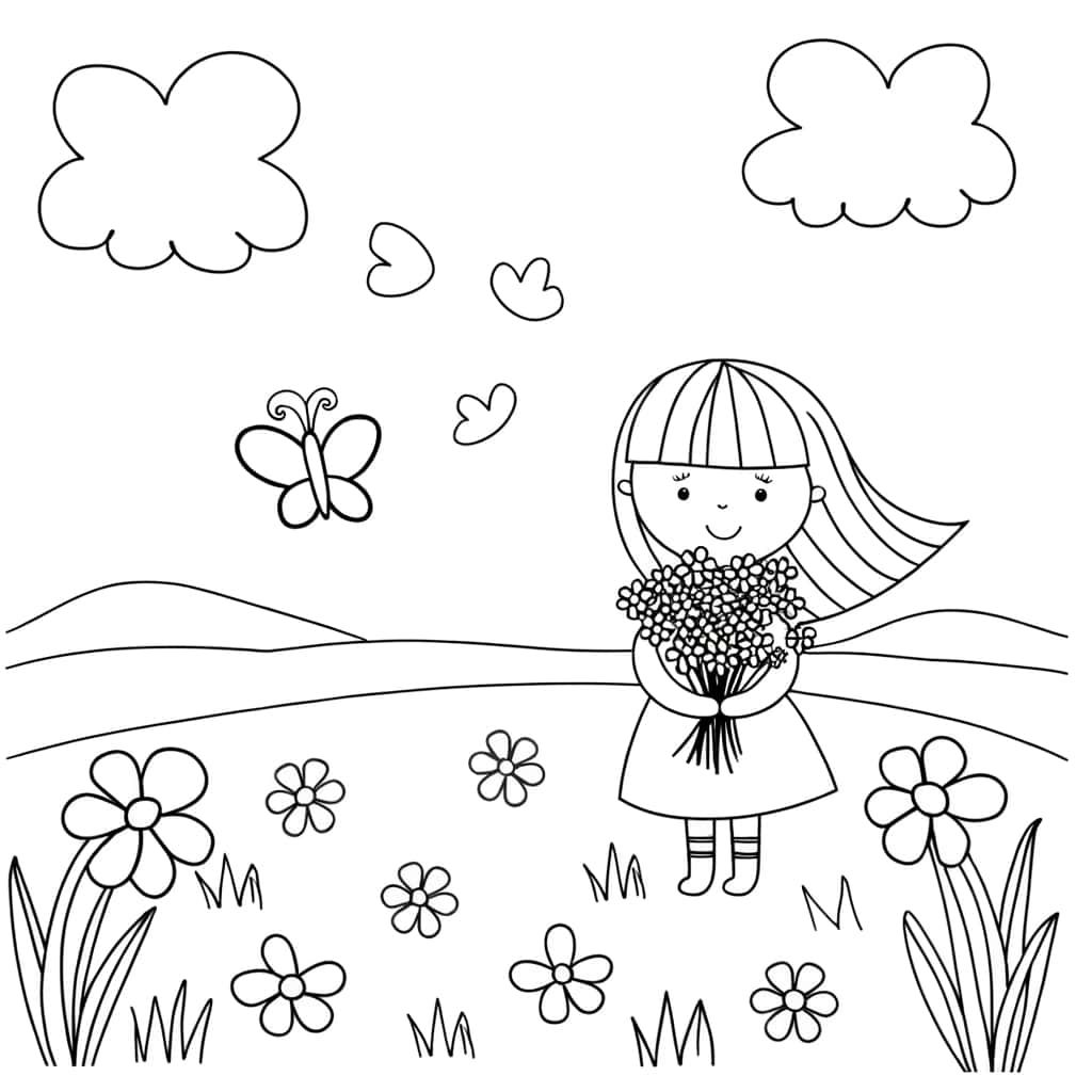 Coloriage Fille avec bouquet à imprimer et colorier